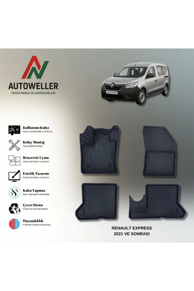 AutoWeller Renault Express 2021 Sonrası Havuzlu 3D TPE Oto Paspas Takımı ürün görseli 1