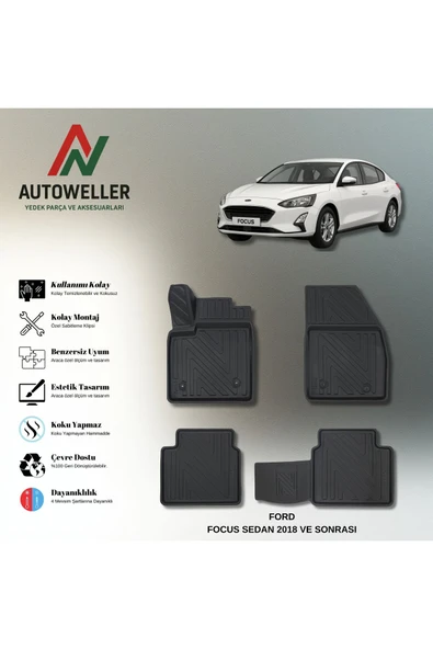 AutoWeller Ford Focus Sedan 2018 Sonrası Havuzlu 3D TPE Oto Paspas Takımı ürün görseli 1