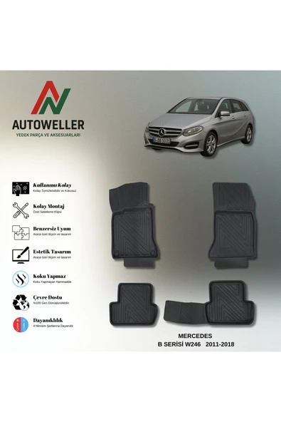 AutoWeller Mercedes-Benz B Serisi 2011-2018 W246 Havuzlu 3D TPE Oto Paspas Takımı ürün görseli 1