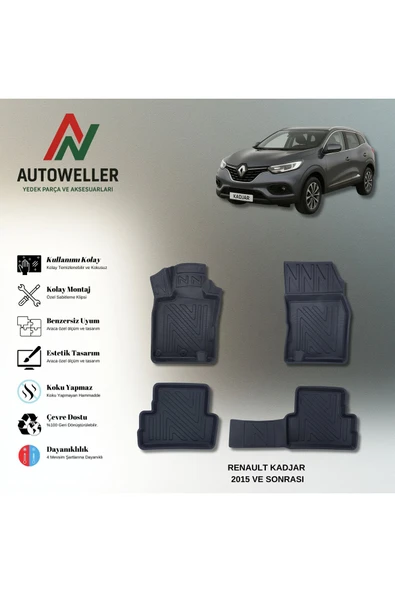 AutoWeller Renault Kadjar 2015 Sonrası Havuzlu 3D TPE Oto Paspas Takımı ürün görseli 1