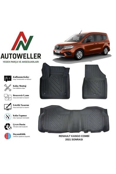 AutoWeller Renault Kangoo 2021 Sonrası Havuzlu Oto Combi Havuzlu 3D TPE Oto Paspas Takımı ürün görseli 1