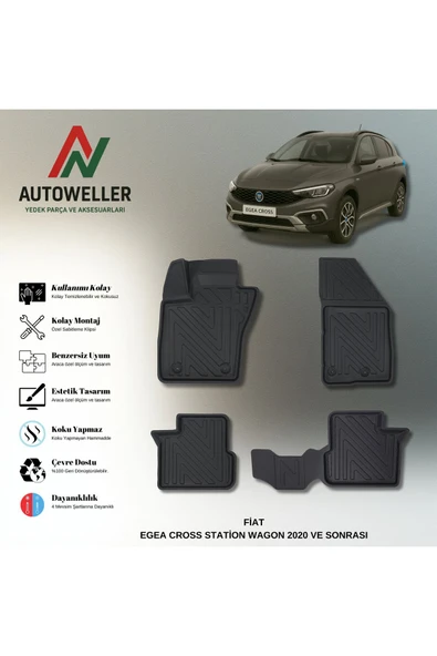 AutoWeller Fiat Egea Cross 2020 Sonrası Station Wagon Havuzlu 3D TPE Oto Paspas Takımı ürün görseli 1