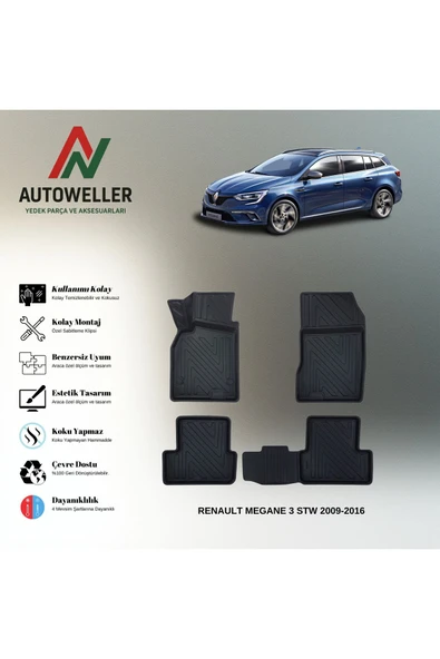 AutoWeller Renault Megane 3 2009-2016 Station Wagon Havuzlu 3D TPE Oto Paspas Takımı ürün görseli 1