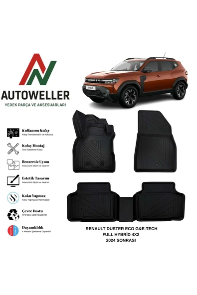 AutoWeller Renault Duster 2024 Sonrası Havuzlu Oto Eco G / e-Tech / Tce 4X2 Havuzlu 3D TPE Oto Paspas Takımı ürün görseli 1