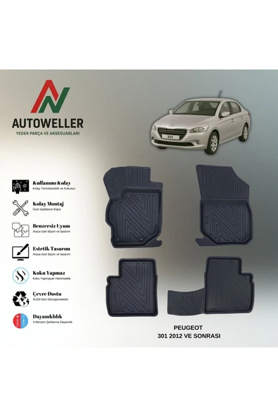 AutoWeller Peugeot 301 2012 Sonrası Havuzlu 3D TPE Oto Paspas Takımı ürün görseli 1