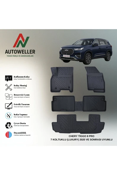 AutoWeller Chery Tiggo 8 Pro 2020-2025 7 Koltuklu Luxury Havuzlu 3D TPE Oto Paspas Takımı ürün görseli 1