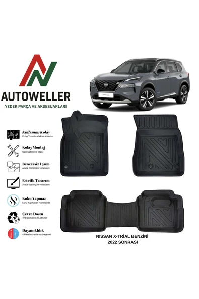 AutoWeller Nissan X-Trail 2022 Sonrası Havuzlu Oto Benzinli Havuzlu 3D TPE Oto Paspas Takımı ürün görseli 1