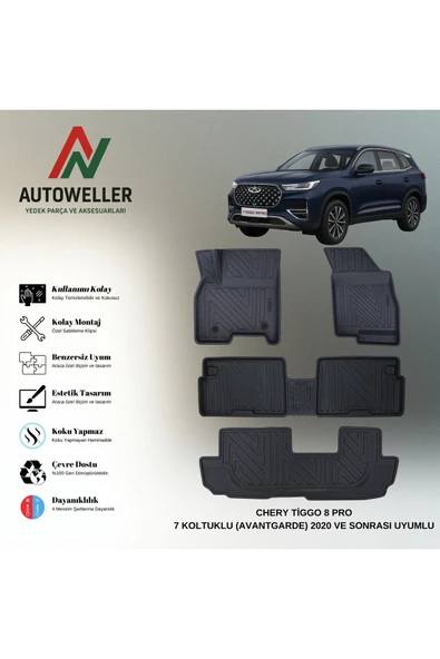 AutoWeller Chery Tiggo 8 Pro 2020-2025 7 Koltuklu Avantgarde Havuzlu 3D TPE Oto Paspas Takımı ürün görseli 1