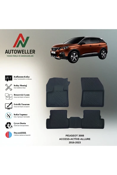 AutoWeller Peugeot 3008 2016-2023 Access-Active-Allure Havuzlu 3D TPE Oto Paspas Takımı ürün görseli 1