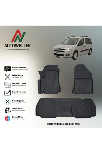 AutoWeller Citroen Berlingo 2008-2018 Havuzlu 3D TPE Oto Paspas Takımı ürün görseli 1