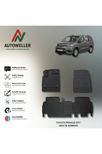 AutoWeller Toyota Proace City 2019 Sonrası Havuzlu 3D TPE Oto Paspas Takımı ürün görseli 1