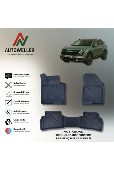 AutoWeller Kia Sportage 2022 Sonrası Cool-Elegance Konfor-Prestige Havuzlu 3D TPE Oto Paspas Takımı ürün görseli 1