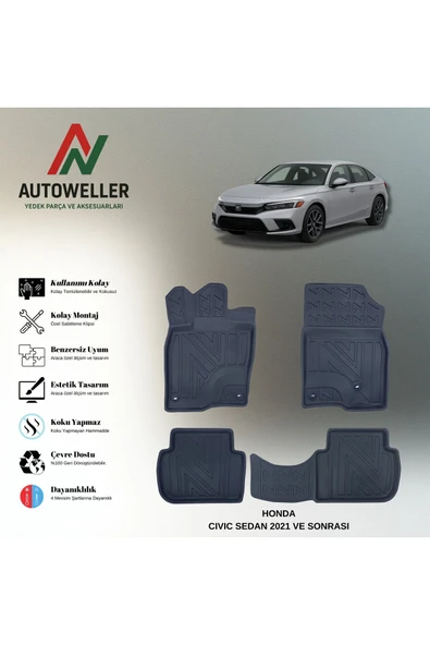 AutoWeller Honda Civic Sedan 2021 Sonrası Havuzlu 3D TPE Oto Paspas Takımı ürün görseli 1
