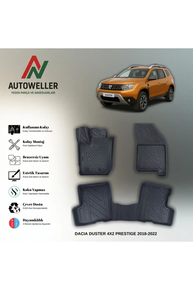 AutoWeller Dacia Duster 2018-2022 4x2 Prestige Paket Havuzlu 3D TPE Oto Paspas Takımı ürün görseli 1