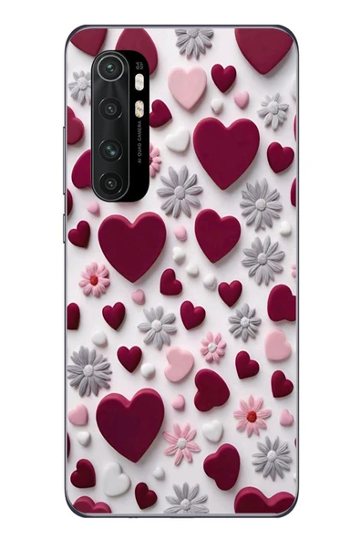 Le Balvo Xiaomi Mi 10 Lite Uyumlu Kırmızı ve Pembe Kalpler Baskılı Silikon Kılıf ürün görseli 1