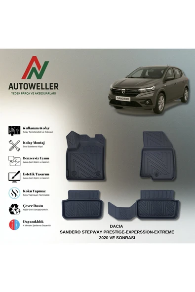 AutoWeller Dacia Sandero 2020 Sonrası Stepway - Prestige/Expression/Extreme Havuzlu 3D TPE Oto Paspas Takımı ürün görseli 1