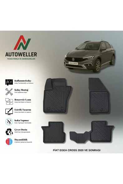 AutoWeller Fiat Egea Cross 2020 Sonrası Hatchback Havuzlu 3D TPE Oto Paspas Takımı ürün görseli 1