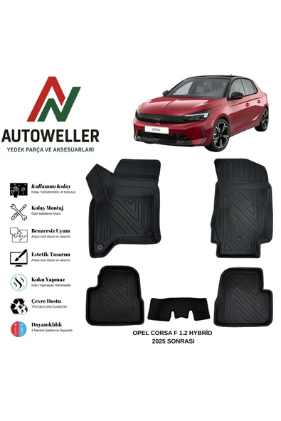 AutoWeller Opel Corsa F 2025 Sonrası Havuzlu Oto Hybrid 1.2 Havuzlu 3D TPE Oto Paspas Takımı ürün görseli 1