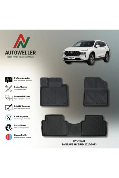 AutoWeller Hyundai Santa Fe 2020-2023 Hybrid Havuzlu 3D TPE Oto Paspas Takımı ürün görseli 1