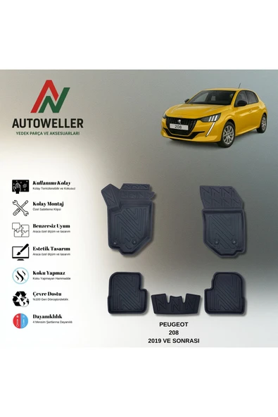 AutoWeller Peugeot 208 2019 Sonrası Havuzlu 3D TPE Oto Paspas Takımı ürün görseli 1