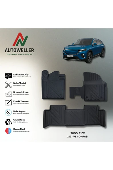 AutoWeller Togg T10X 2023 Sonrası Havuzlu Havuzlu 3D TPE Oto Paspas Takımı ürün görseli 1