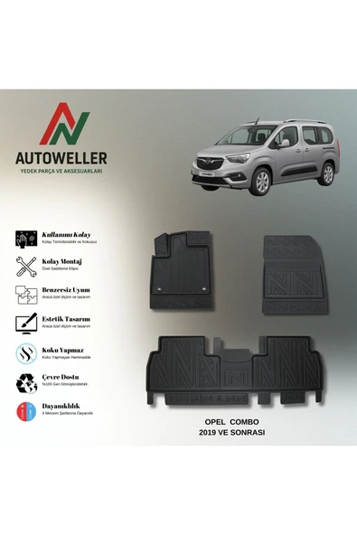 AutoWeller Opel Combo 2019 Sonrası Havuzlu 3D TPE Oto Paspas Takımı ürün görseli 1