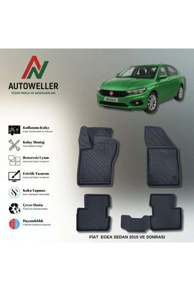 AutoWeller Fiat Egea 2015 Sonrası Sedan Havuzlu 3D TPE Oto Paspas Takımı ürün görseli 1