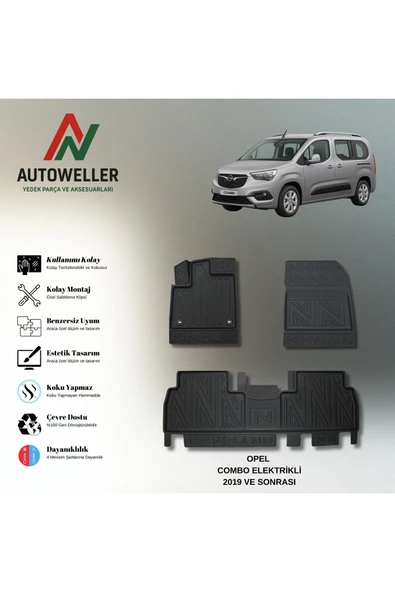 AutoWeller Opel Combo Elektrikli 2019 Sonrası Havuzlu 3D TPE Oto Paspas Takımı ürün görseli 1