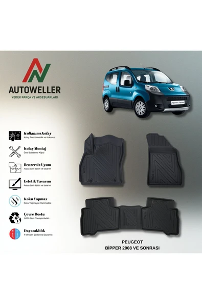 AutoWeller Peugeot Bipper 2008 Sonrası Havuzlu 3D TPE Oto Paspas Takımı ürün görseli 1