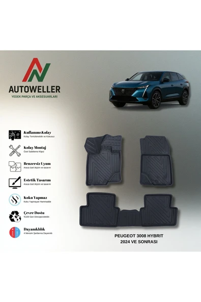 AutoWeller Peugeot 3008 2024 Sonrası Benzin&Hybrid Havuzlu 3D TPE Oto Paspas Takımı ürün görseli 1