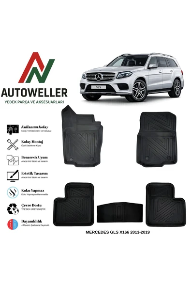AutoWeller Mercedes GLS Class X166 2013-2019 Havuzlu Oto Havuzlu 3D TPE Oto Paspas Takımı ürün görseli 1