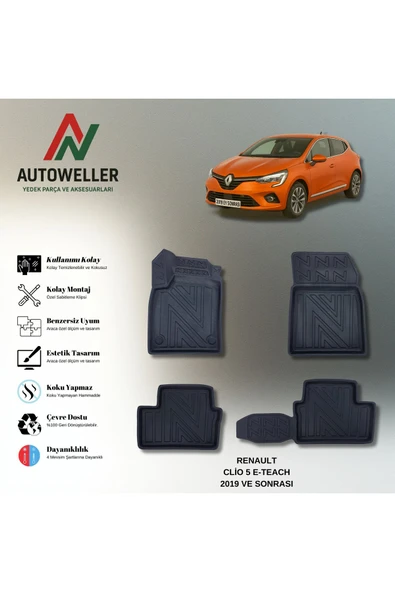 AutoWeller Renaut Clio 5 E-Tech 2023 Sonrası Havuzlu 3D TPE Oto Paspas Takımı ürün görseli 1