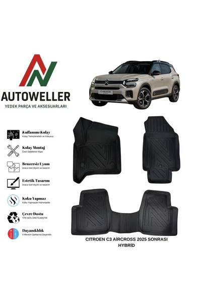 AutoWeller Citroen C3 Aircross 2025 Sonrası Havuzlu Oto Hybrid Havuzlu 3D TPE Oto Paspas Takımı ürün görseli 1