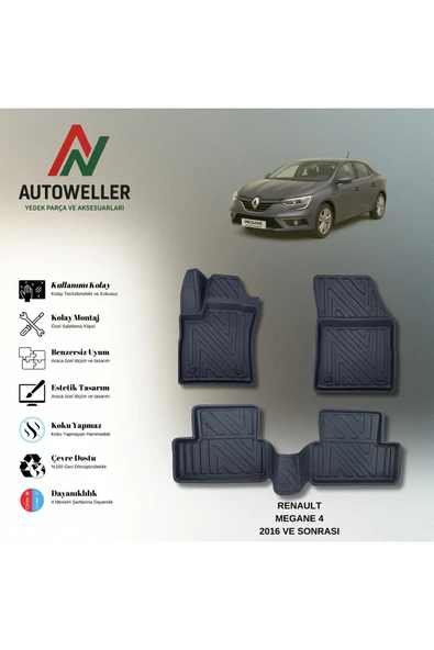 AutoWeller Renault Megane 4 2016 Sonrası Sedan Havuzlu 3D TPE Oto Paspas Takımı ürün görseli 1