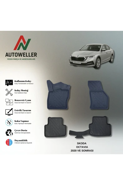 AutoWeller Skoda Octavia 2020 Sonrası Havuzlu 3D TPE Oto Paspas Takımı ürün görseli 1