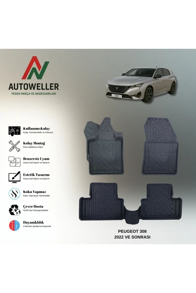 AutoWeller Peugeot 308 2022 Sonrası Havuzlu 3D TPE Oto Paspas Takımı ürün görseli 1