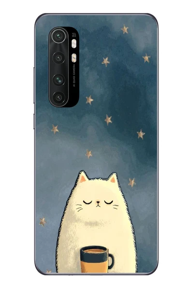 Le Balvo Xiaomi Mi 10 Lite Uyumlu Kahveci Beyaz Kedir Baskılı Silikon Kılıf ürün görseli 1