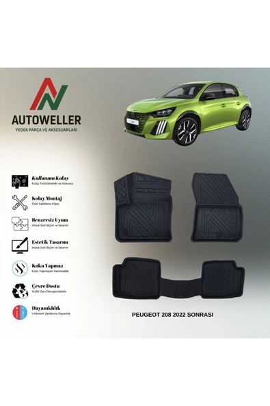 AutoWeller Peugeot 208 Elektrikli 2022 Sonrası Havuzlu 3D TPE Oto Paspas Takımı ürün görseli 1