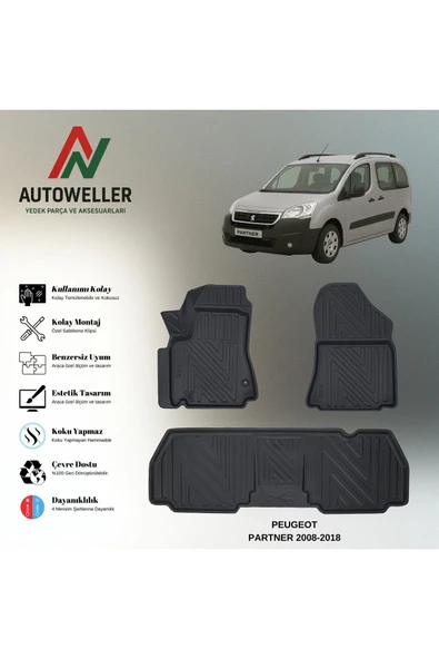 AutoWeller Peugeot Partner 2008-2018 Havuzlu 3D TPE Oto Paspas Takımı ürün görseli 1