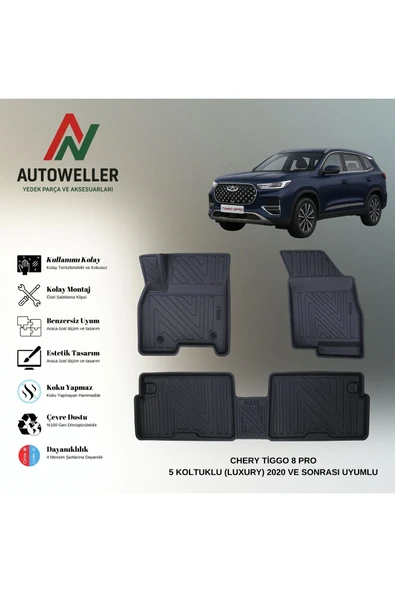 AutoWeller Chery Tiggo 8 Pro 2020-2025 5 Koltuklu Luxury Havuzlu 3D TPE Oto Paspas Takımı ürün görseli 1