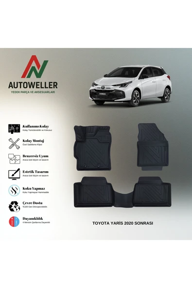 AutoWeller Toyota Yaris 2020 Sonrası Havuzlu 3D TPE Oto Paspas Takımı ürün görseli 1