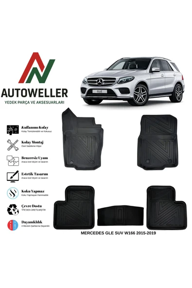 AutoWeller Mercedes-Benz GLE SUV 2015-2019 W166 Havuzlu Oto Havuzlu 3D TPE Oto Paspas Takımı ürün görseli 1