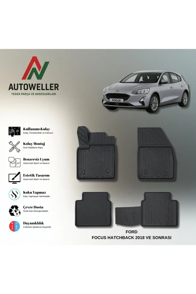 AutoWeller Ford Focus Hatchback 2018 Sonrası Havuzlu 3D TPE Oto Paspas Takımı ürün görseli 1