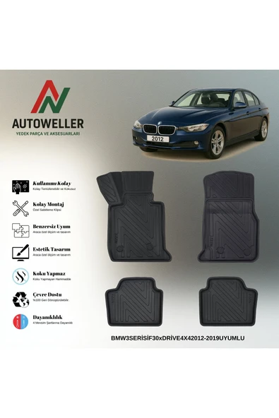 AutoWeller BMW 3 Serisi F30 2012-2019 xDRIVE (4x4) Havuzlu 3D TPE Oto Paspas Takımı ürün görseli 1
