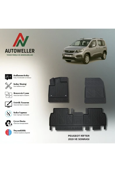 AutoWeller Peugeot Rifter 2019 Sonrası Havuzlu 3D TPE Oto Paspas Takımı ürün görseli 1