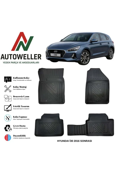AutoWeller Hyundai i30 2016 Sonrası Havuzlu Oto Havuzlu 3D TPE Oto Paspas Takımı ürün görseli 1