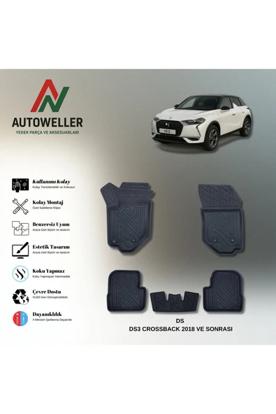 AutoWeller DS 3 Crossback 2018 Sonrası Havuzlu 3D TPE Oto Paspas Takımı ürün görseli 1