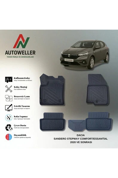 AutoWeller Dacia Sandero 2020 Sonrası Stepway - Comfort/Essential Havuzlu 3D TPE Oto Paspas Takımı ürün görseli 1
