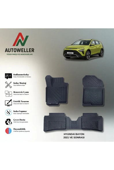 AutoWeller Hyundai Bayon 2021 Sonrası Havuzlu 3D TPE Oto Paspas Takımı ürün görseli 1