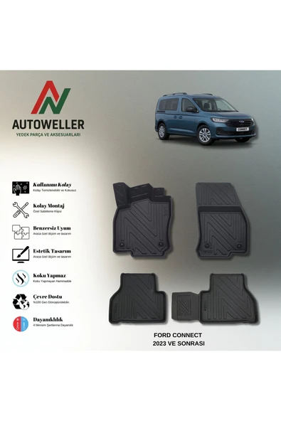AutoWeller Ford Connect 2023 Sonrası Tourneo Connect Havuzlu 3D TPE Oto Paspas Takımı ürün görseli 1